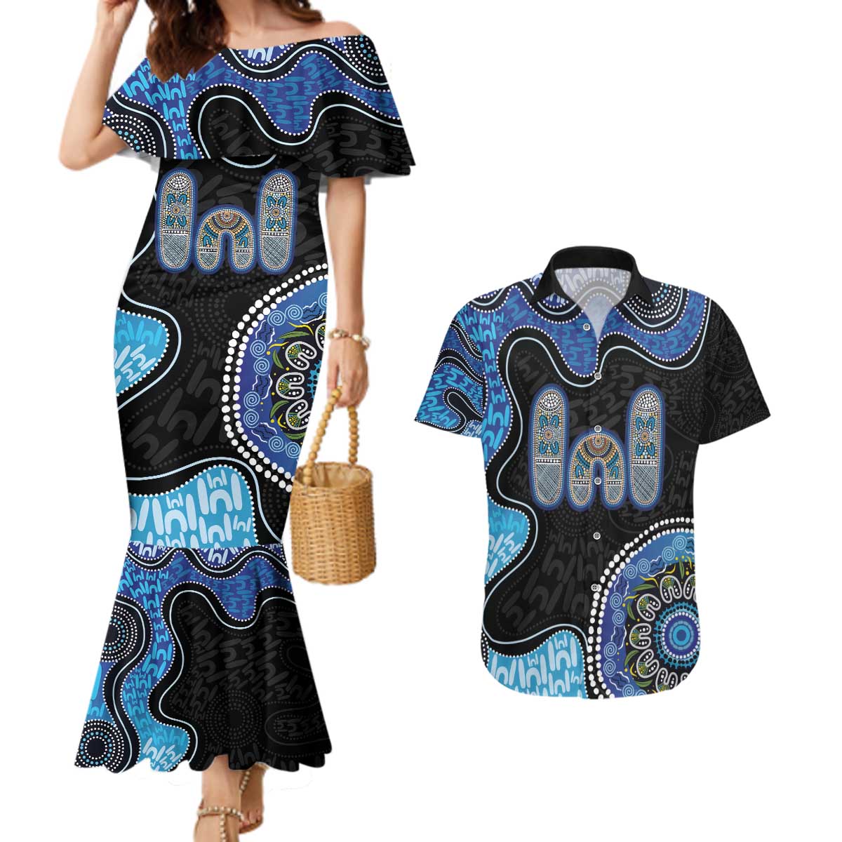 Personalised Aboriginal Art Woman Symbol Couples Matching Mermaid Dress and Hawaiian Shirt