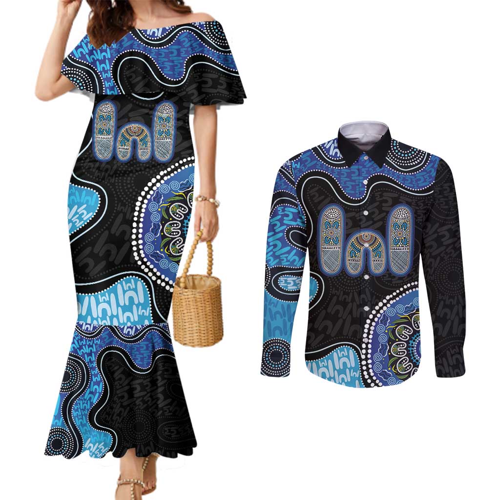 Personalised Aboriginal Art Woman Symbol Couples Matching Mermaid Dress and Long Sleeve Button Shirt