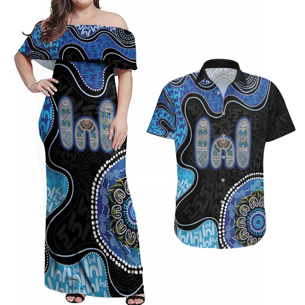 Personalised Aboriginal Art Woman Symbol Couples Matching Off Shoulder Maxi Dress and Hawaiian Shirt