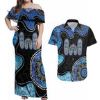 Personalised Aboriginal Art Woman Symbol Couples Matching Off Shoulder Maxi Dress and Hawaiian Shirt