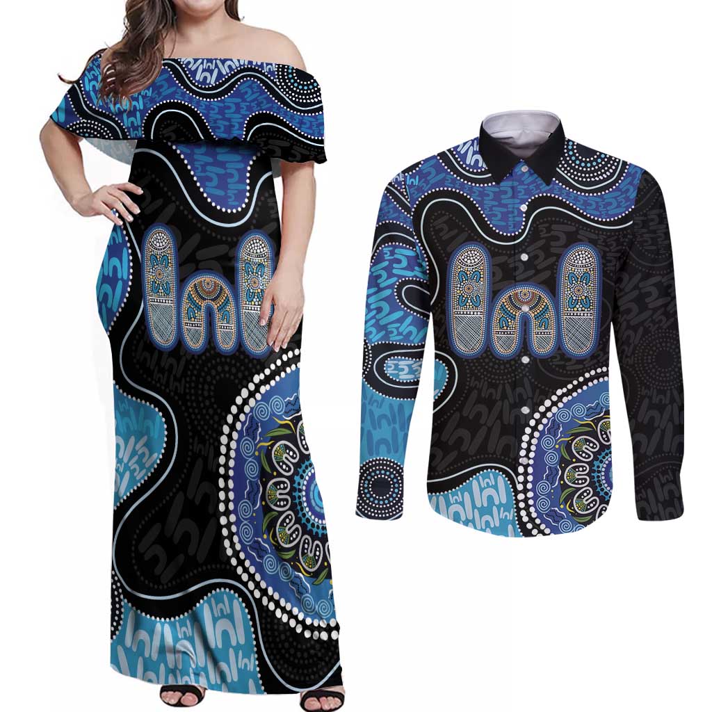 Personalised Aboriginal Art Woman Symbol Couples Matching Off Shoulder Maxi Dress and Long Sleeve Button Shirt