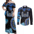 Personalised Aboriginal Art Woman Symbol Couples Matching Off Shoulder Maxi Dress and Long Sleeve Button Shirt