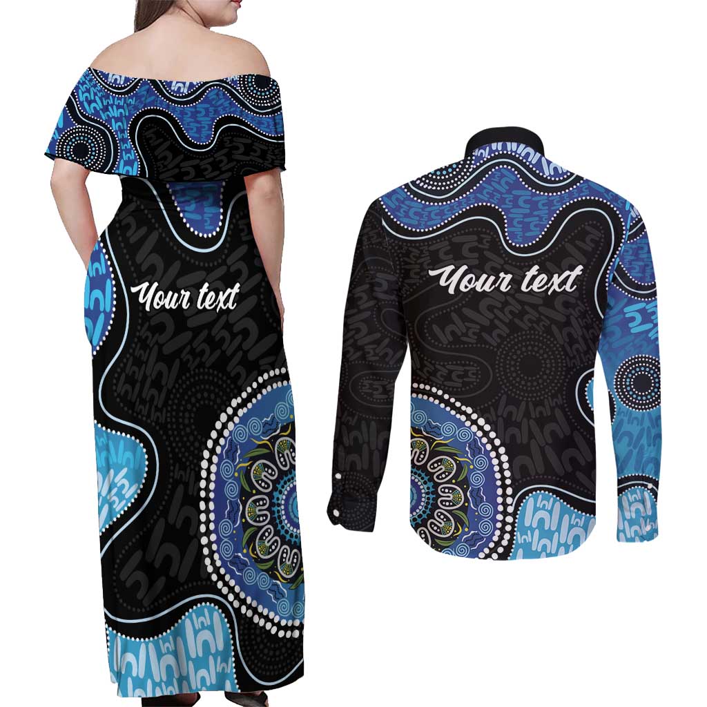Personalised Aboriginal Art Woman Symbol Couples Matching Off Shoulder Maxi Dress and Long Sleeve Button Shirt