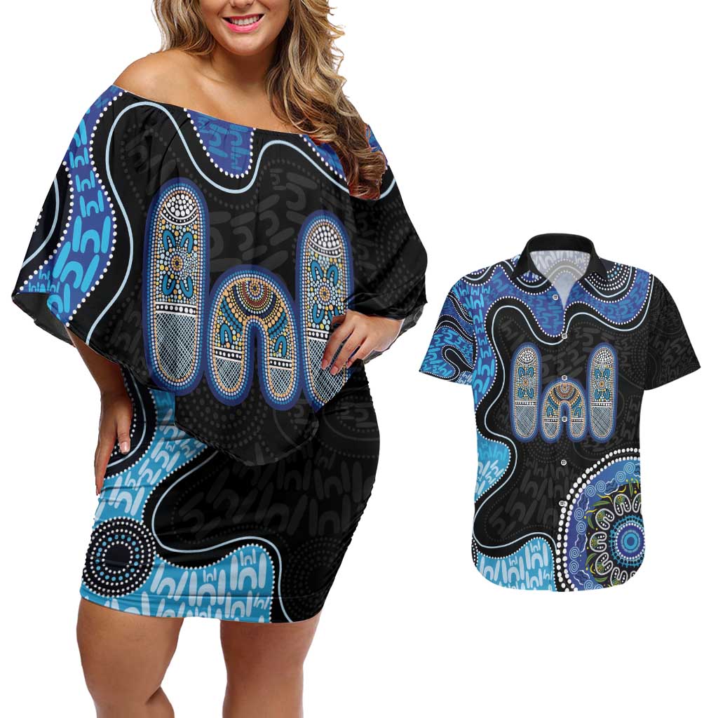 Personalised Aboriginal Art Woman Symbol Couples Matching Off Shoulder Short Dress and Hawaiian Shirt