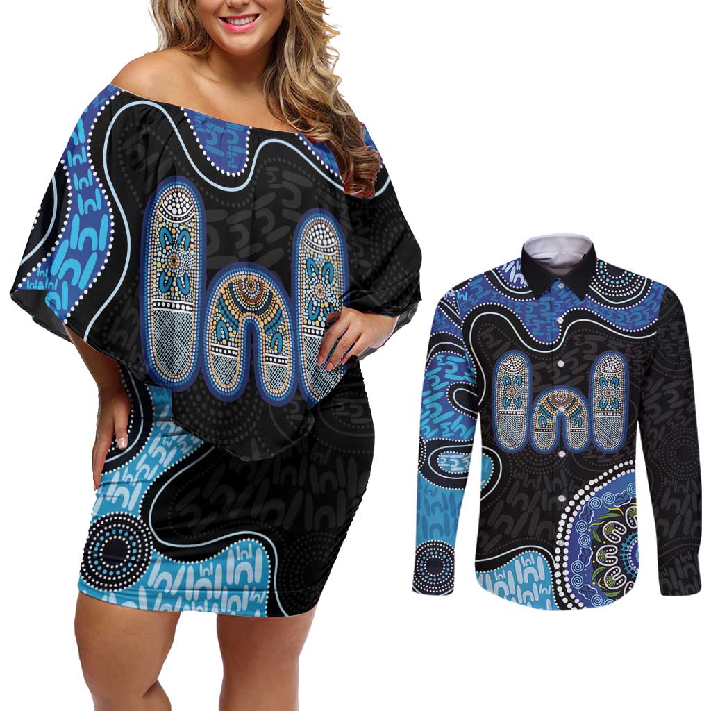 Personalised Aboriginal Art Woman Symbol Couples Matching Off Shoulder Short Dress and Long Sleeve Button Shirt
