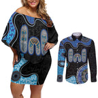 Personalised Aboriginal Art Woman Symbol Couples Matching Off Shoulder Short Dress and Long Sleeve Button Shirt