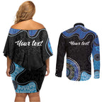 Personalised Aboriginal Art Woman Symbol Couples Matching Off Shoulder Short Dress and Long Sleeve Button Shirt