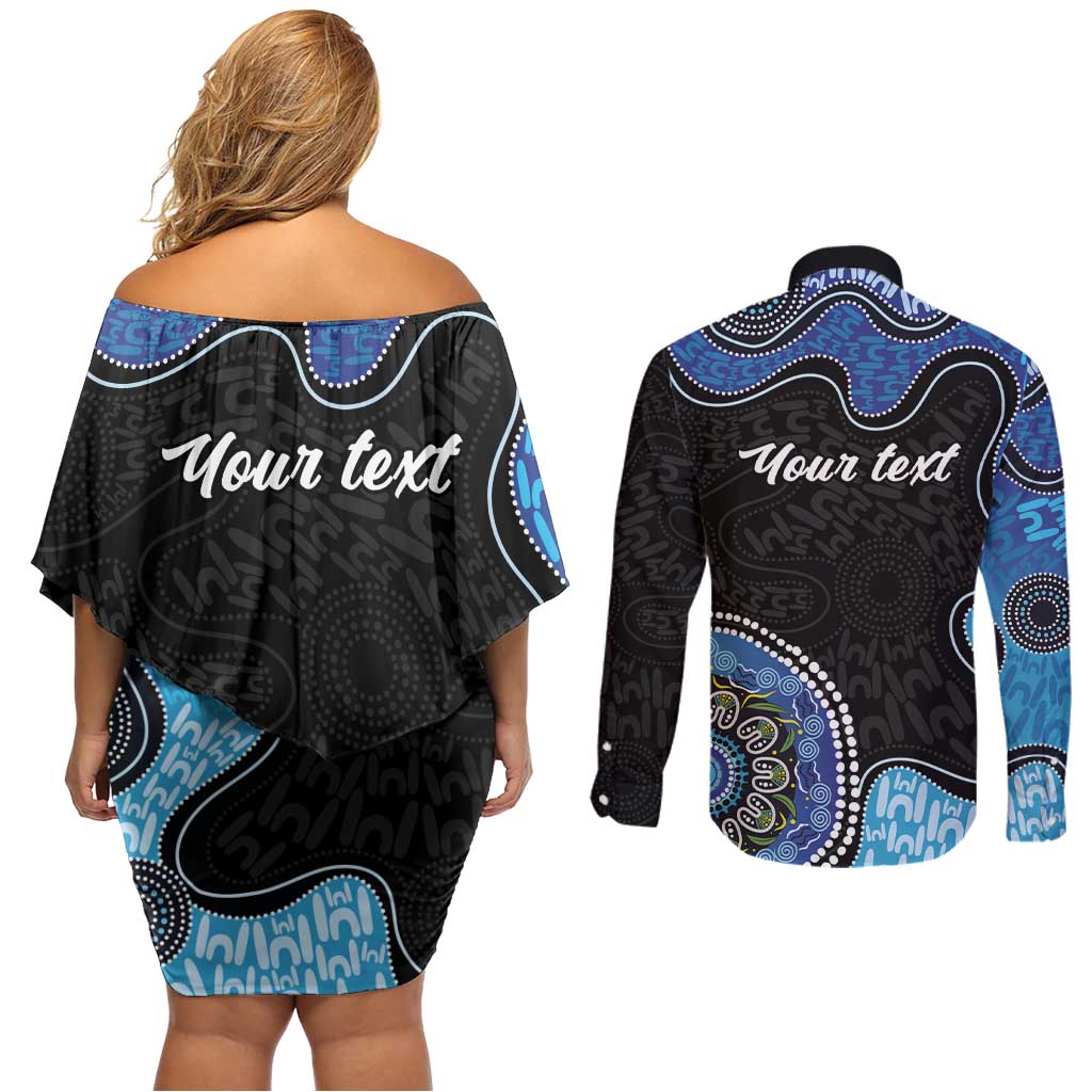 Personalised Aboriginal Art Woman Symbol Couples Matching Off Shoulder Short Dress and Long Sleeve Button Shirt