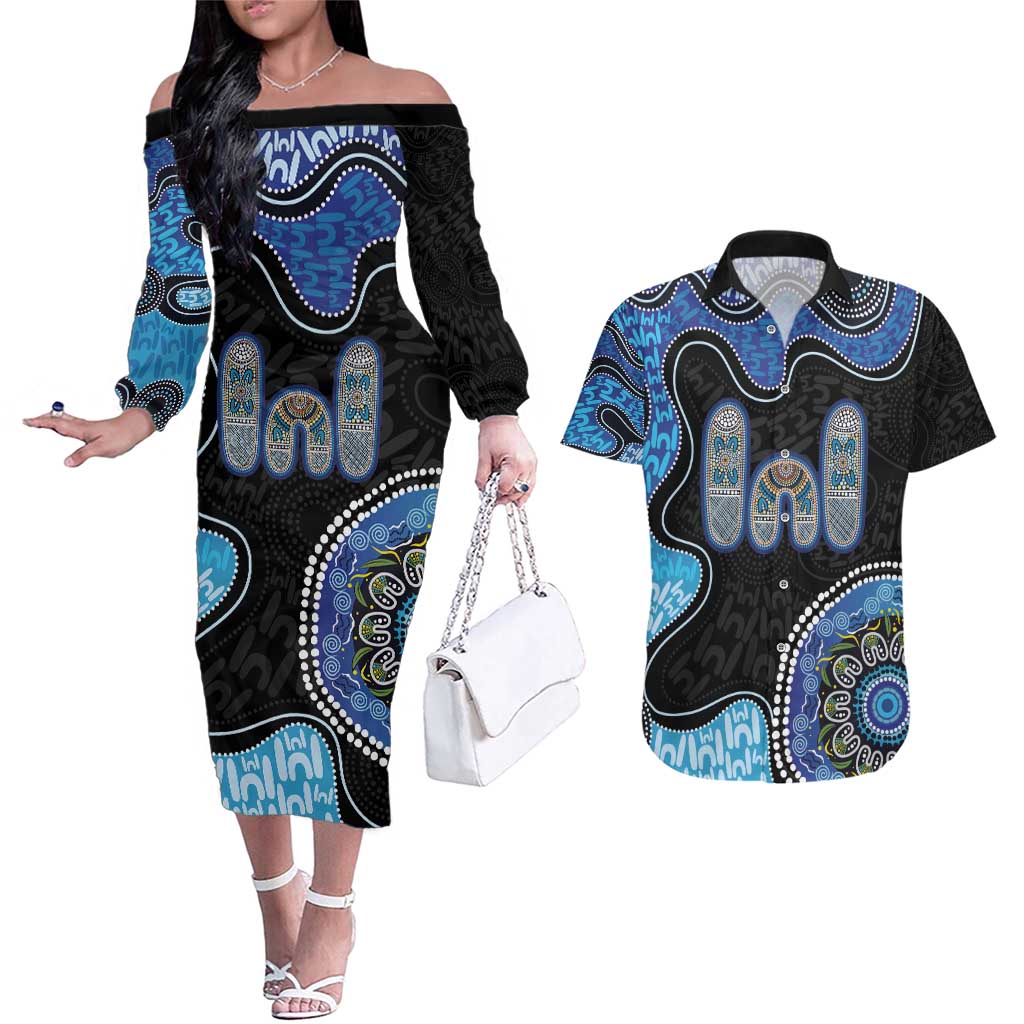 Personalised Aboriginal Art Woman Symbol Couples Matching Off The Shoulder Long Sleeve Dress and Hawaiian Shirt