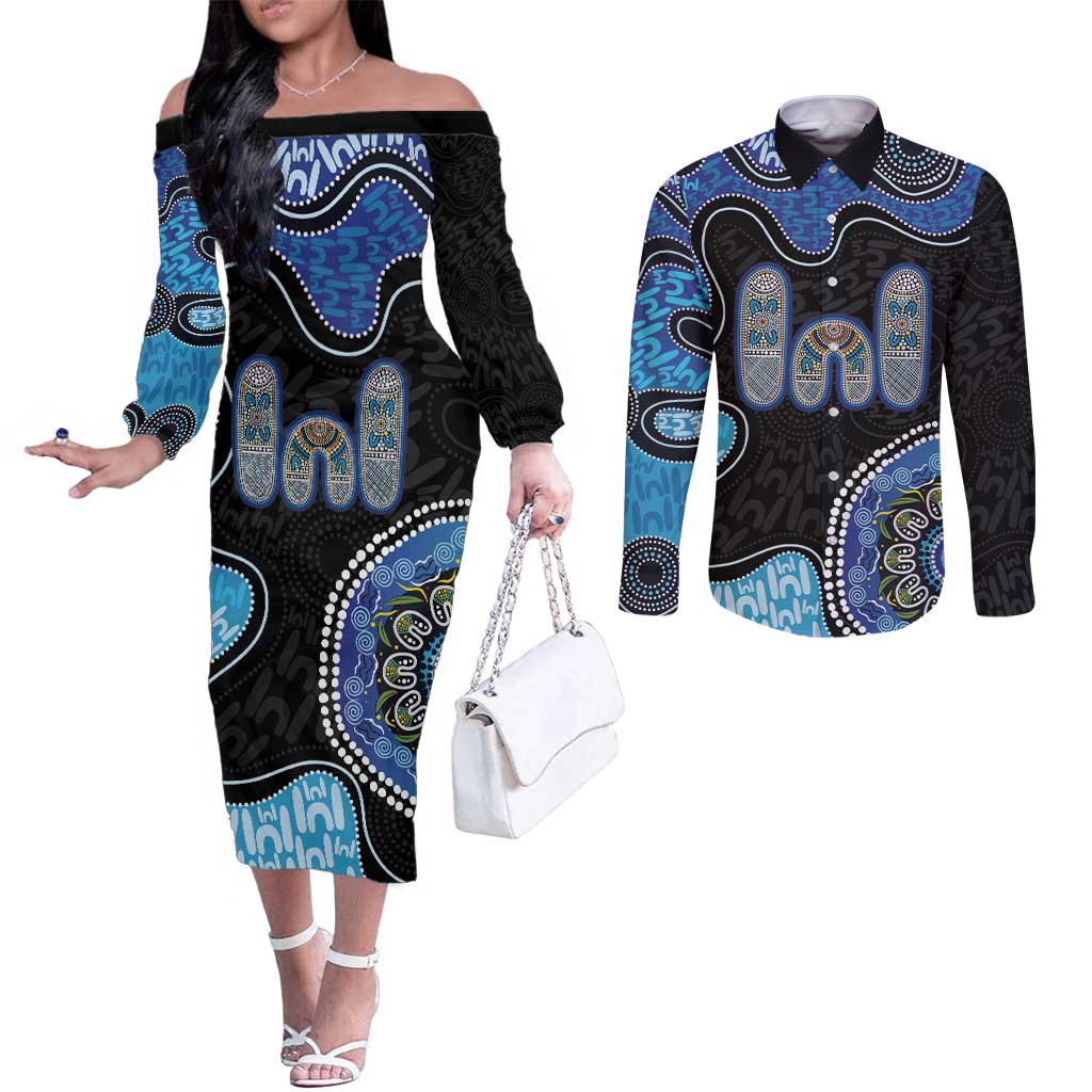 Personalised Aboriginal Art Woman Symbol Couples Matching Off The Shoulder Long Sleeve Dress and Long Sleeve Button Shirt
