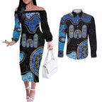 Personalised Aboriginal Art Woman Symbol Couples Matching Off The Shoulder Long Sleeve Dress and Long Sleeve Button Shirt