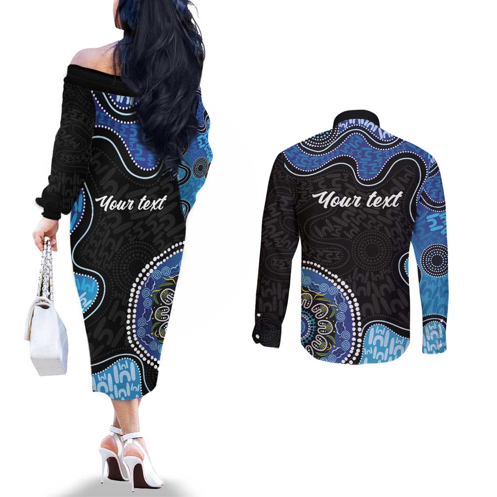 Personalised Aboriginal Art Woman Symbol Couples Matching Off The Shoulder Long Sleeve Dress and Long Sleeve Button Shirt