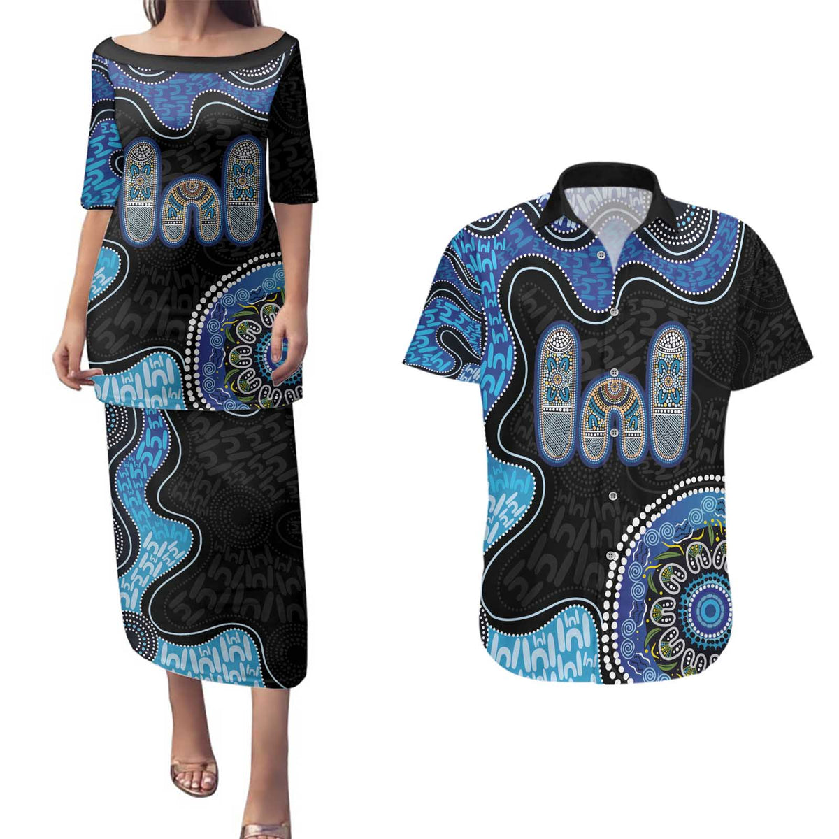 Personalised Aboriginal Art Woman Symbol Couples Matching Puletasi and Hawaiian Shirt