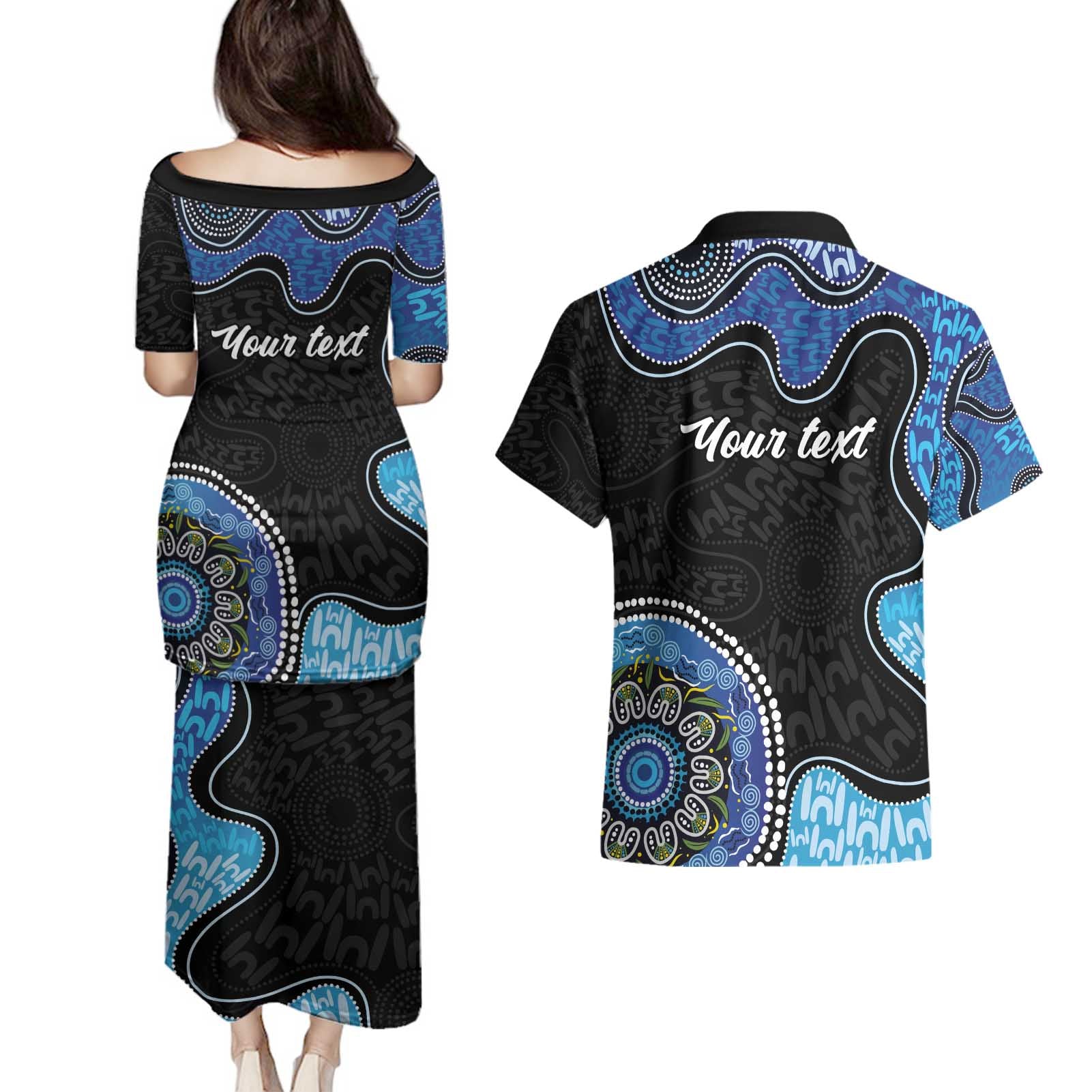 Personalised Aboriginal Art Woman Symbol Couples Matching Puletasi and Hawaiian Shirt
