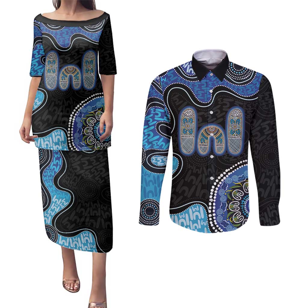 Personalised Aboriginal Art Woman Symbol Couples Matching Puletasi and Long Sleeve Button Shirt