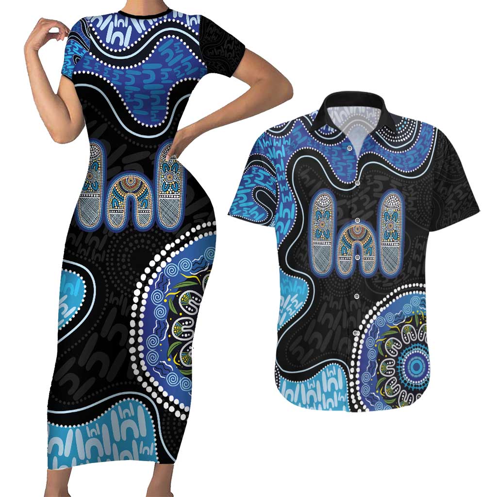 Personalised Aboriginal Art Woman Symbol Couples Matching Short Sleeve Bodycon Dress and Hawaiian Shirt