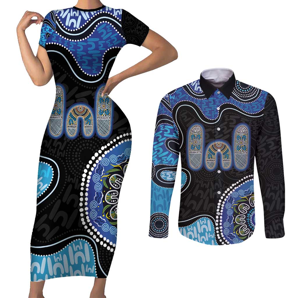 Personalised Aboriginal Art Woman Symbol Couples Matching Short Sleeve Bodycon Dress and Long Sleeve Button Shirt