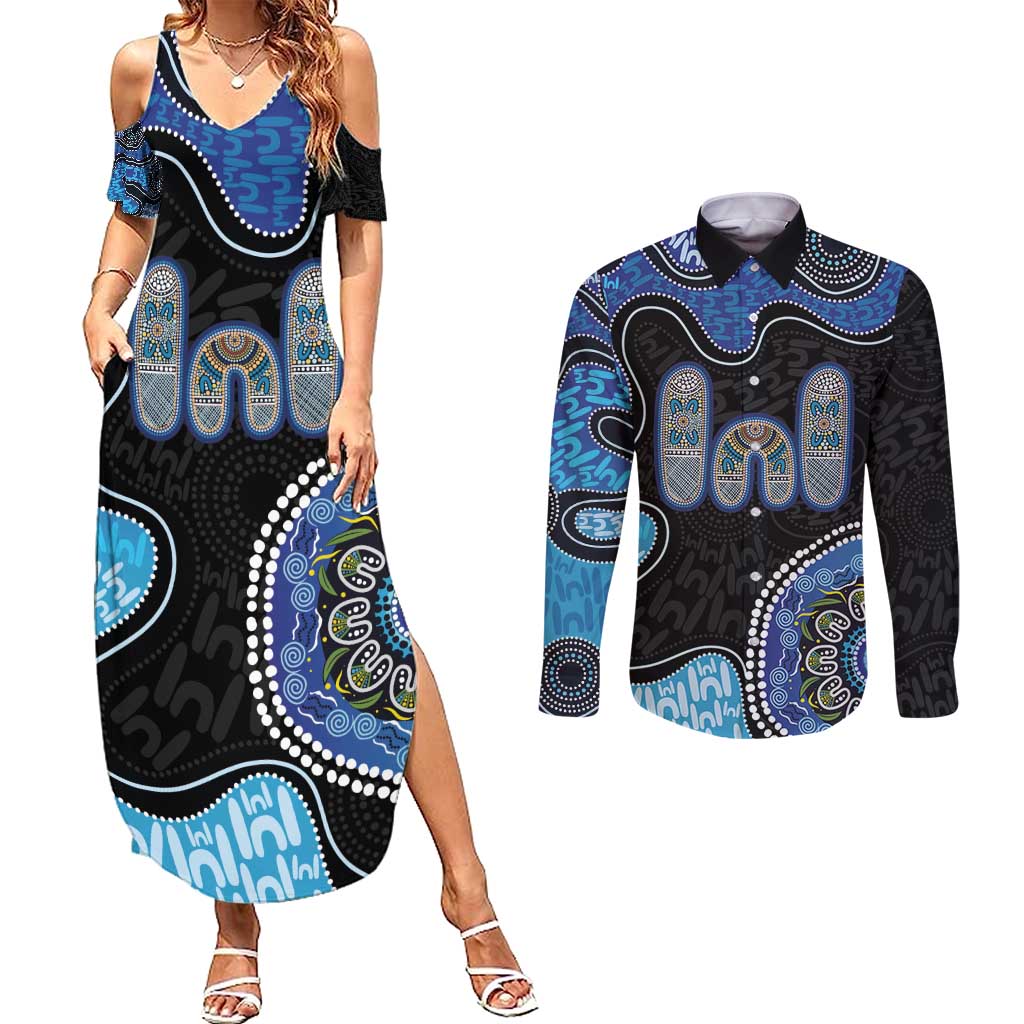 Personalised Aboriginal Art Woman Symbol Couples Matching Summer Maxi Dress and Long Sleeve Button Shirt