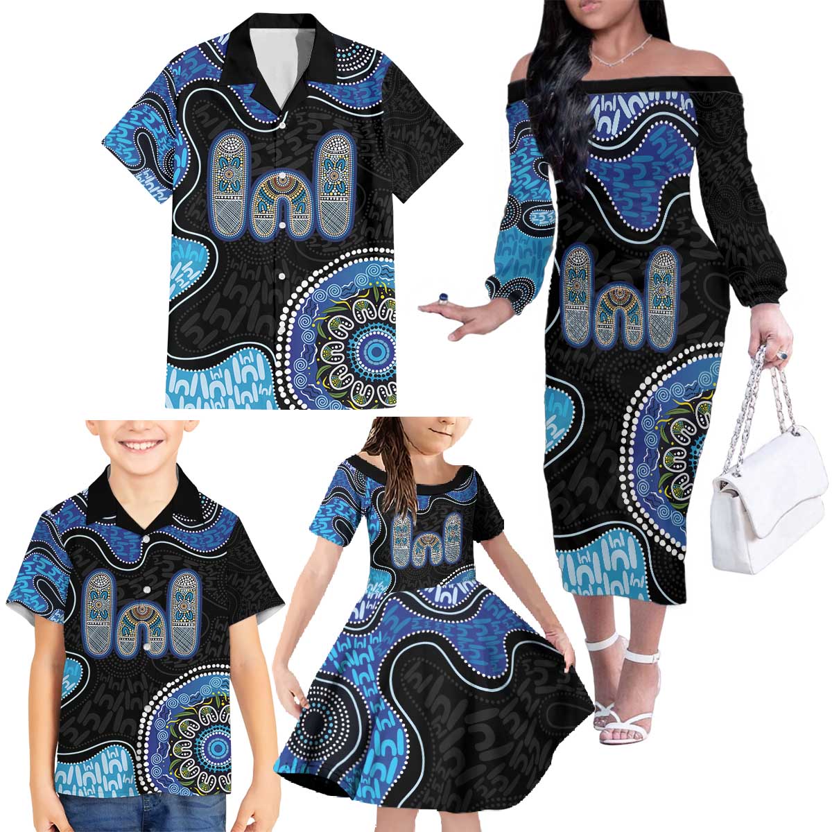 Personalised Aboriginal Art Woman Symbol Family Matching Off The Shoulder Long Sleeve Dress and Hawaiian Shirt