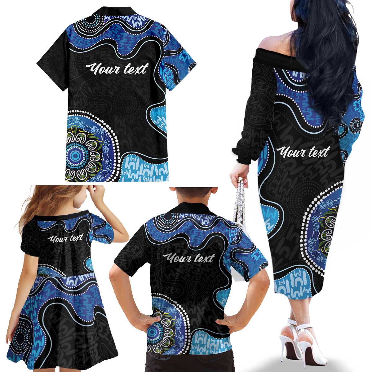 Personalised Aboriginal Art Woman Symbol Family Matching Off The Shoulder Long Sleeve Dress and Hawaiian Shirt
