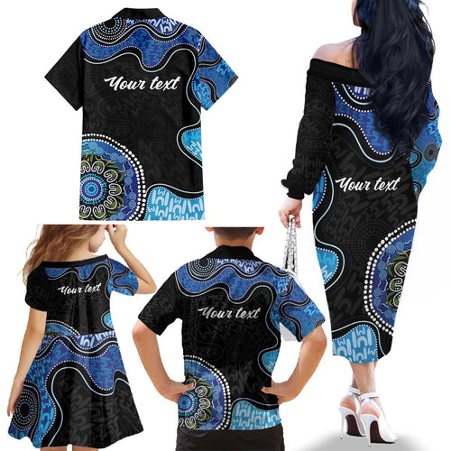 Personalised Aboriginal Art Woman Symbol Family Matching Off The Shoulder Long Sleeve Dress and Hawaiian Shirt