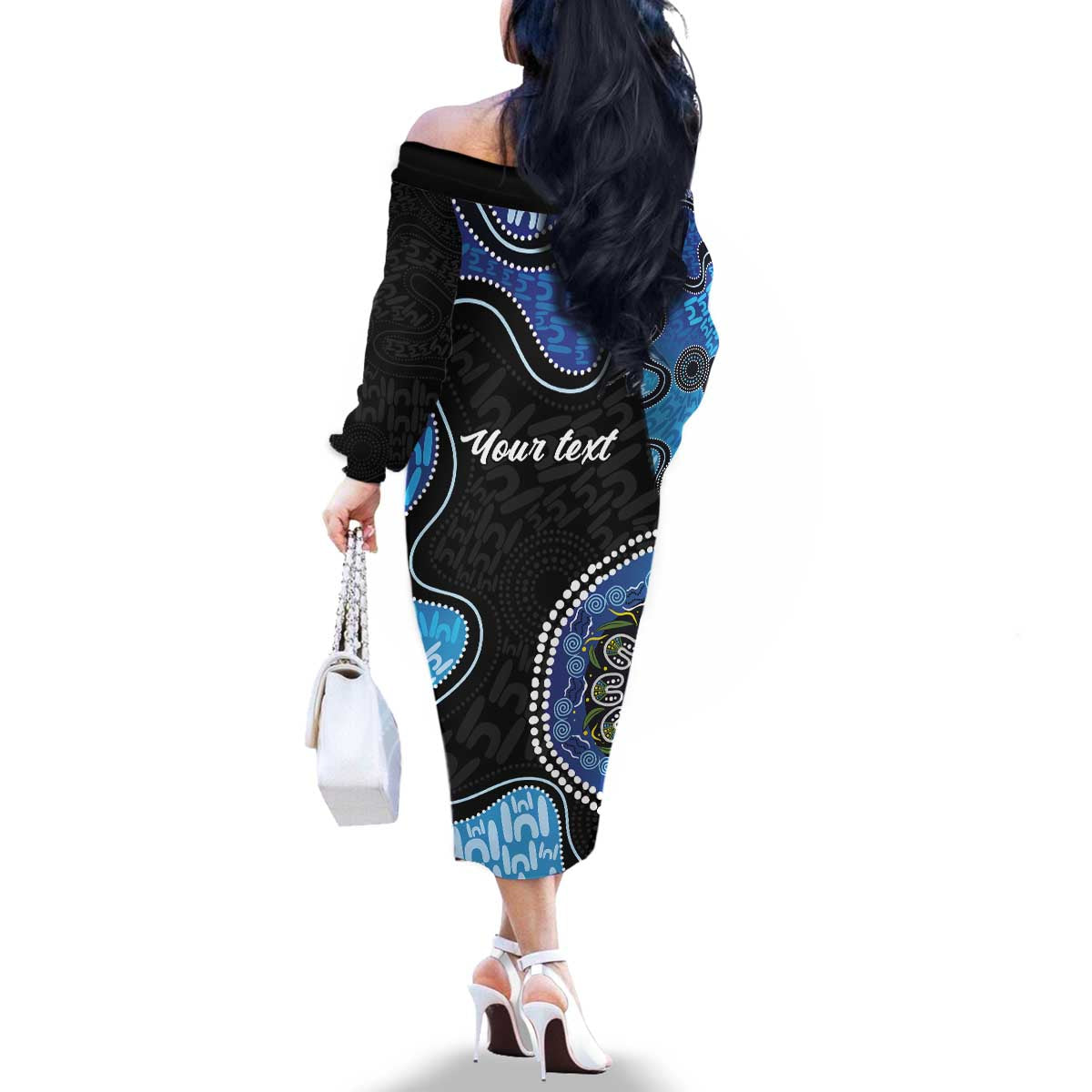 Personalised Aboriginal Art Woman Symbol Family Matching Off The Shoulder Long Sleeve Dress and Hawaiian Shirt