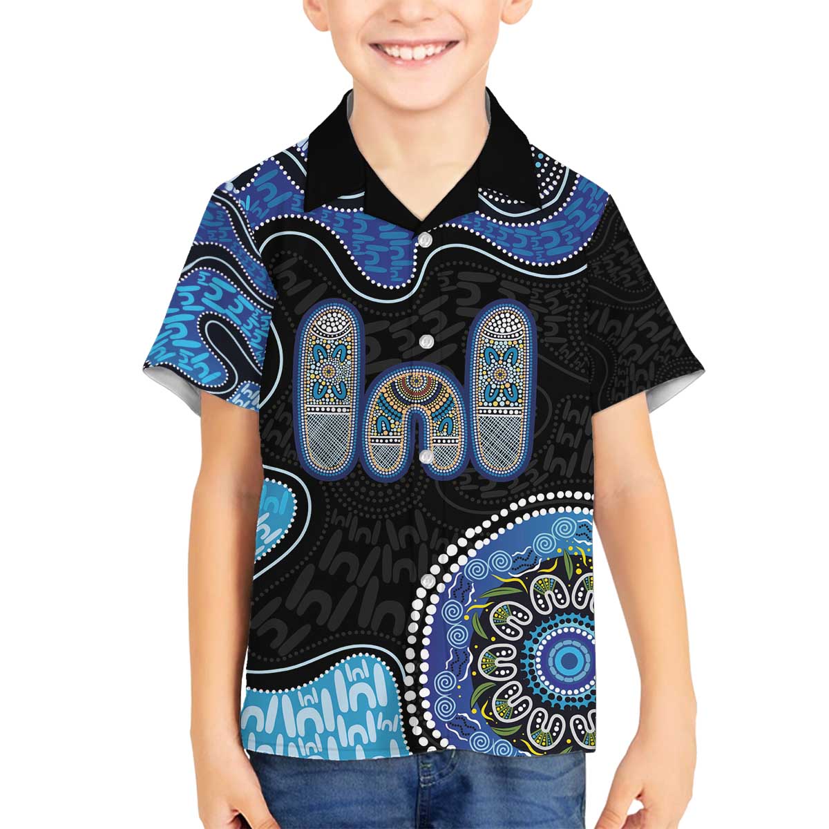 Personalised Aboriginal Art Woman Symbol Family Matching Off The Shoulder Long Sleeve Dress and Hawaiian Shirt