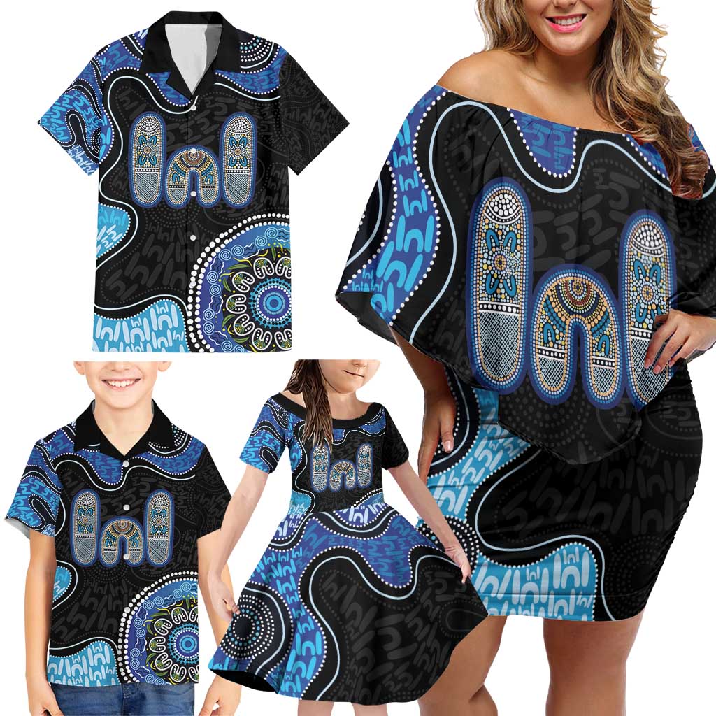Personalised Aboriginal Art Woman Symbol Family Matching Off Shoulder Short Dress and Hawaiian Shirt