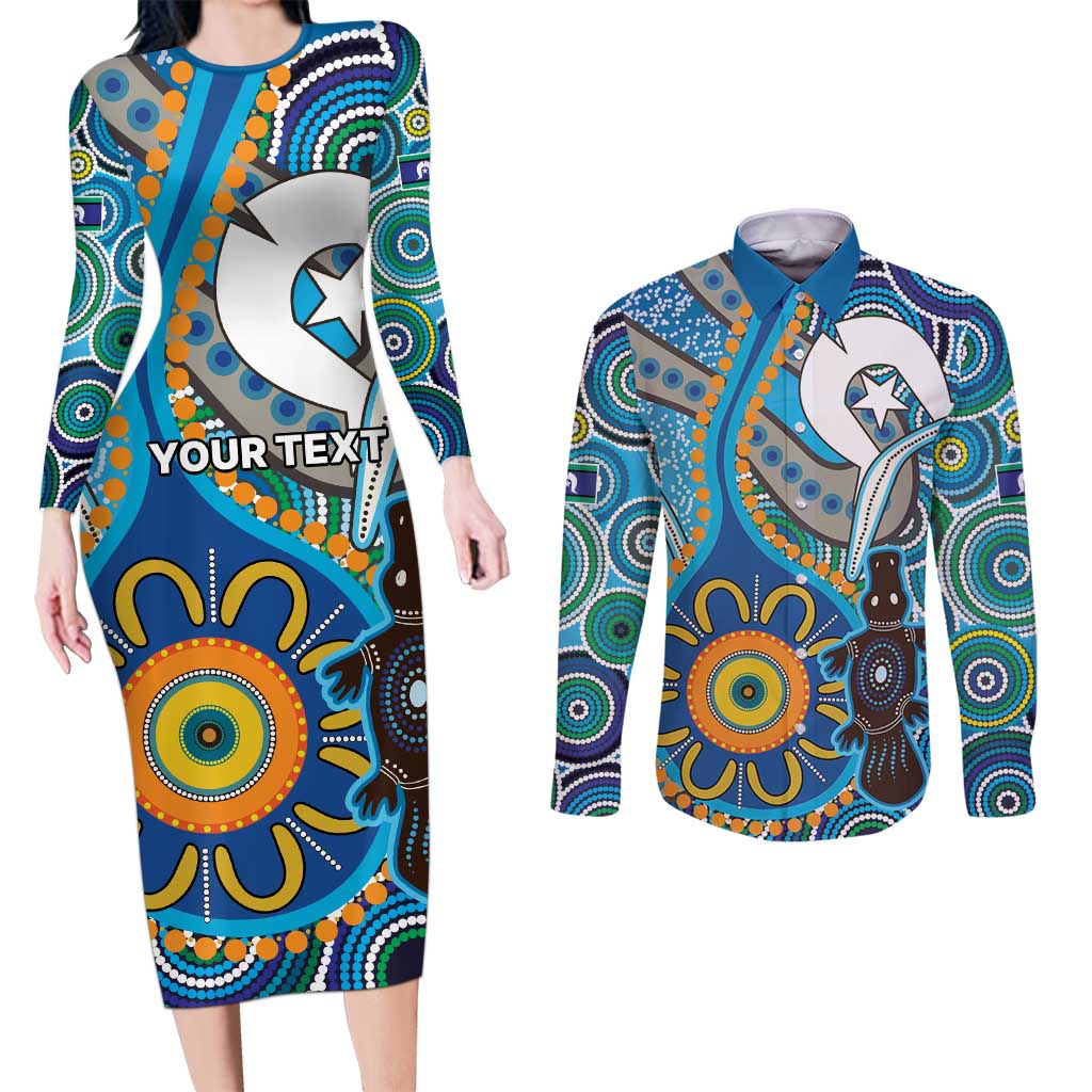 Personalised Aboriginal Platypus Couples Matching Long Sleeve Bodycon Dress and Long Sleeve Button Shirt Torres Strait Islander Dhari Indigenous Dot Art