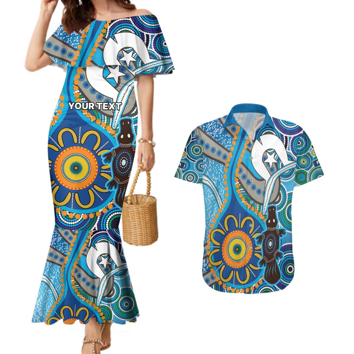 Personalised Aboriginal Platypus Couples Matching Mermaid Dress and Hawaiian Shirt Torres Strait Islander Dhari Indigenous Dot Art