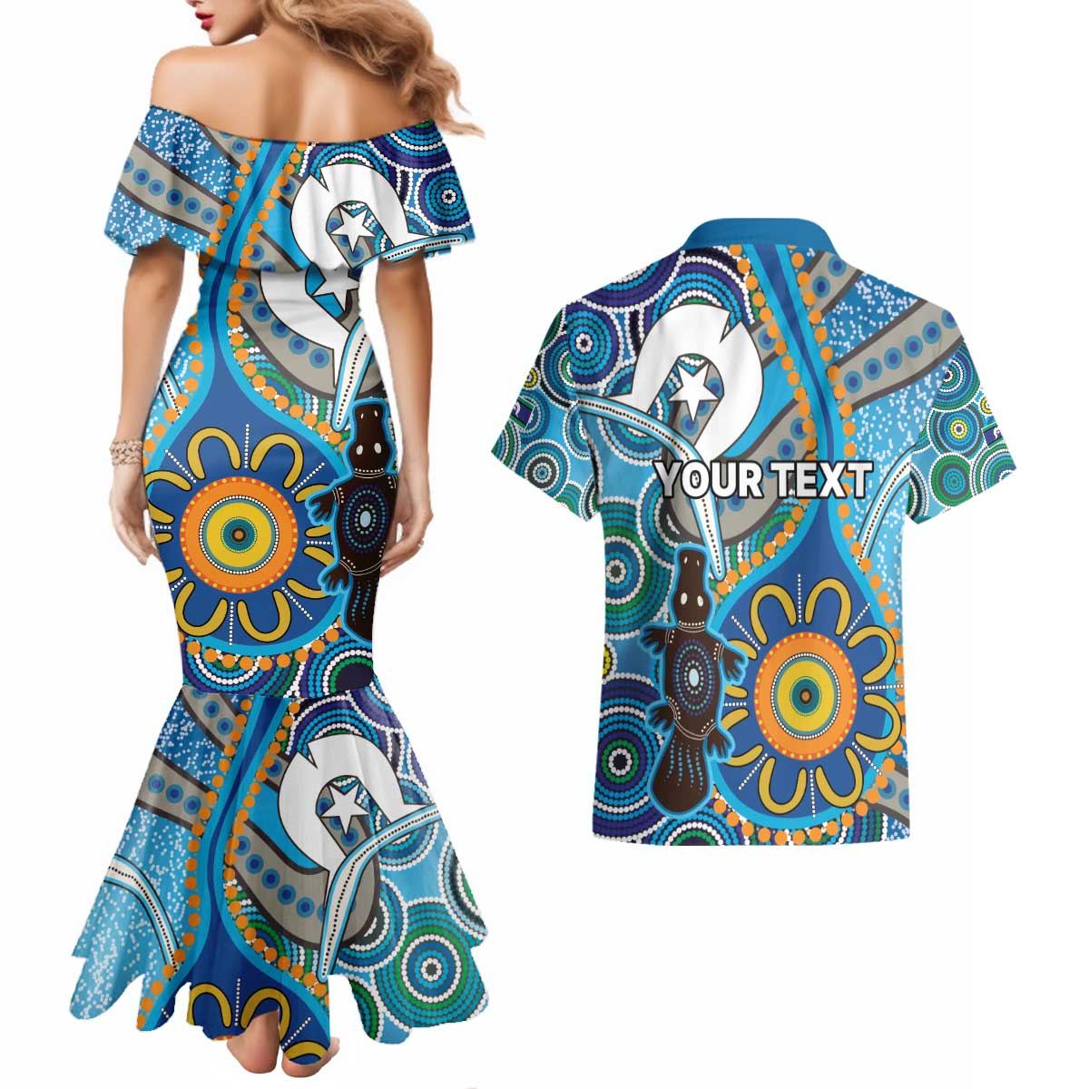 Personalised Aboriginal Platypus Couples Matching Mermaid Dress and Hawaiian Shirt Torres Strait Islander Dhari Indigenous Dot Art