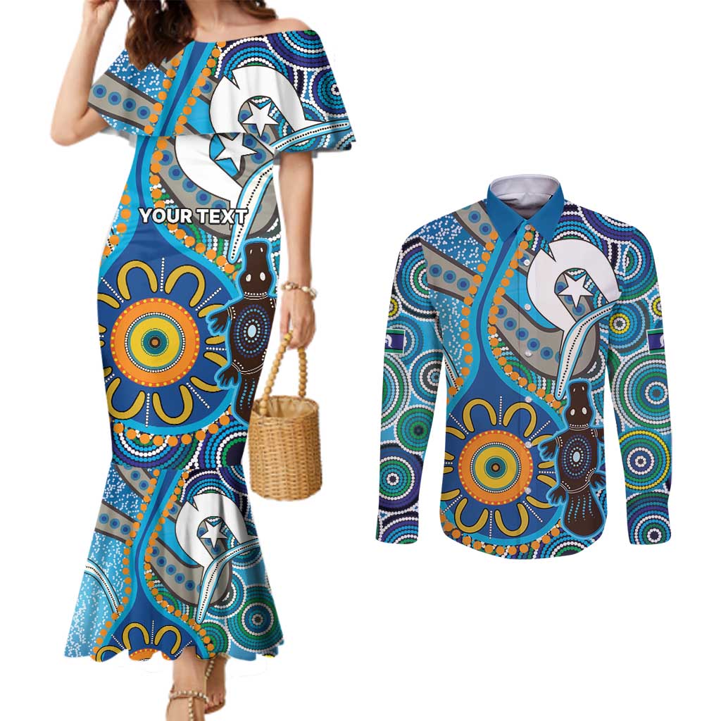 Personalised Aboriginal Platypus Couples Matching Mermaid Dress and Long Sleeve Button Shirt Torres Strait Islander Dhari Indigenous Dot Art
