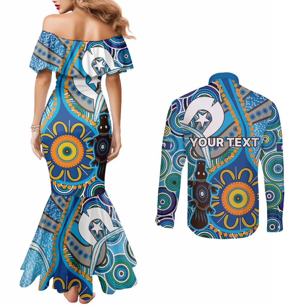 Personalised Aboriginal Platypus Couples Matching Mermaid Dress and Long Sleeve Button Shirt Torres Strait Islander Dhari Indigenous Dot Art
