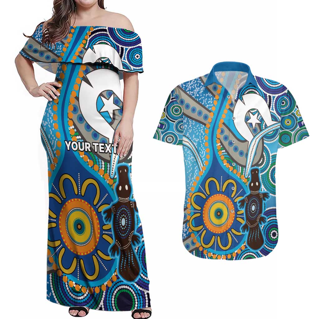 Personalised Aboriginal Platypus Couples Matching Off Shoulder Maxi Dress and Hawaiian Shirt Torres Strait Islander Dhari Indigenous Dot Art