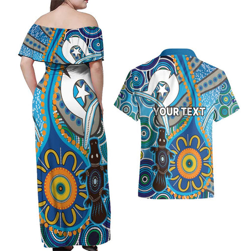 Personalised Aboriginal Platypus Couples Matching Off Shoulder Maxi Dress and Hawaiian Shirt Torres Strait Islander Dhari Indigenous Dot Art
