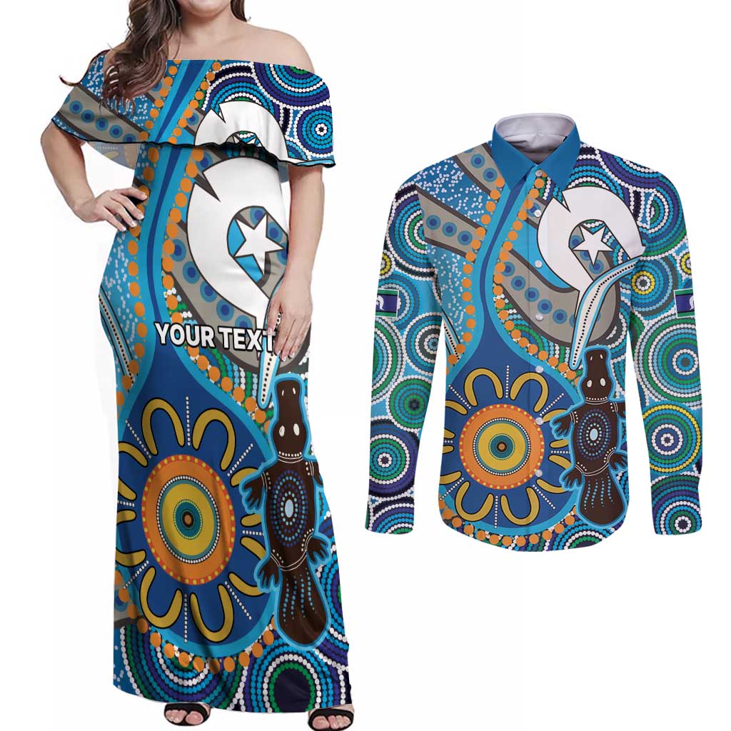 Personalised Aboriginal Platypus Couples Matching Off Shoulder Maxi Dress and Long Sleeve Button Shirt Torres Strait Islander Dhari Indigenous Dot Art