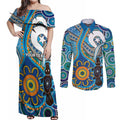 Personalised Aboriginal Platypus Couples Matching Off Shoulder Maxi Dress and Long Sleeve Button Shirt Torres Strait Islander Dhari Indigenous Dot Art