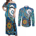 Personalised Aboriginal Platypus Couples Matching Off Shoulder Maxi Dress and Long Sleeve Button Shirt Torres Strait Islander Dhari Indigenous Dot Art
