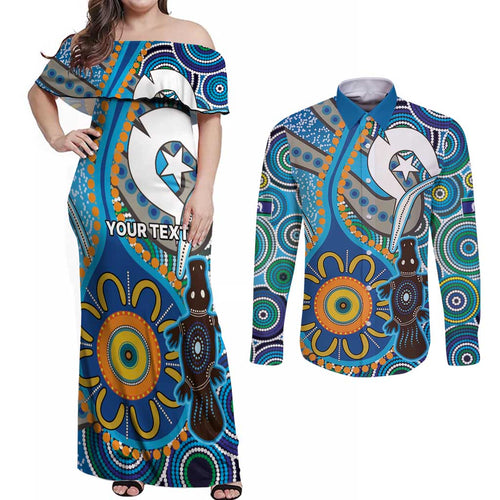 Personalised Aboriginal Platypus Couples Matching Off Shoulder Maxi Dress and Long Sleeve Button Shirt Torres Strait Islander Dhari Indigenous Dot Art