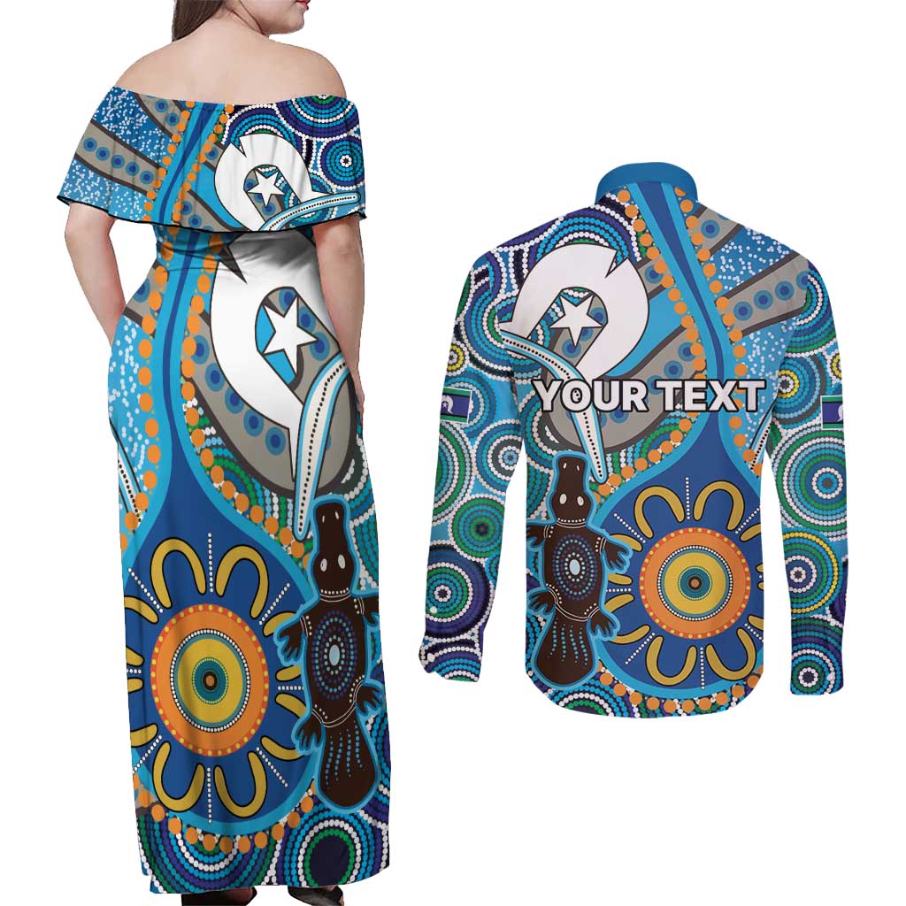 Personalised Aboriginal Platypus Couples Matching Off Shoulder Maxi Dress and Long Sleeve Button Shirt Torres Strait Islander Dhari Indigenous Dot Art