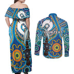 Personalised Aboriginal Platypus Couples Matching Off Shoulder Maxi Dress and Long Sleeve Button Shirt Torres Strait Islander Dhari Indigenous Dot Art