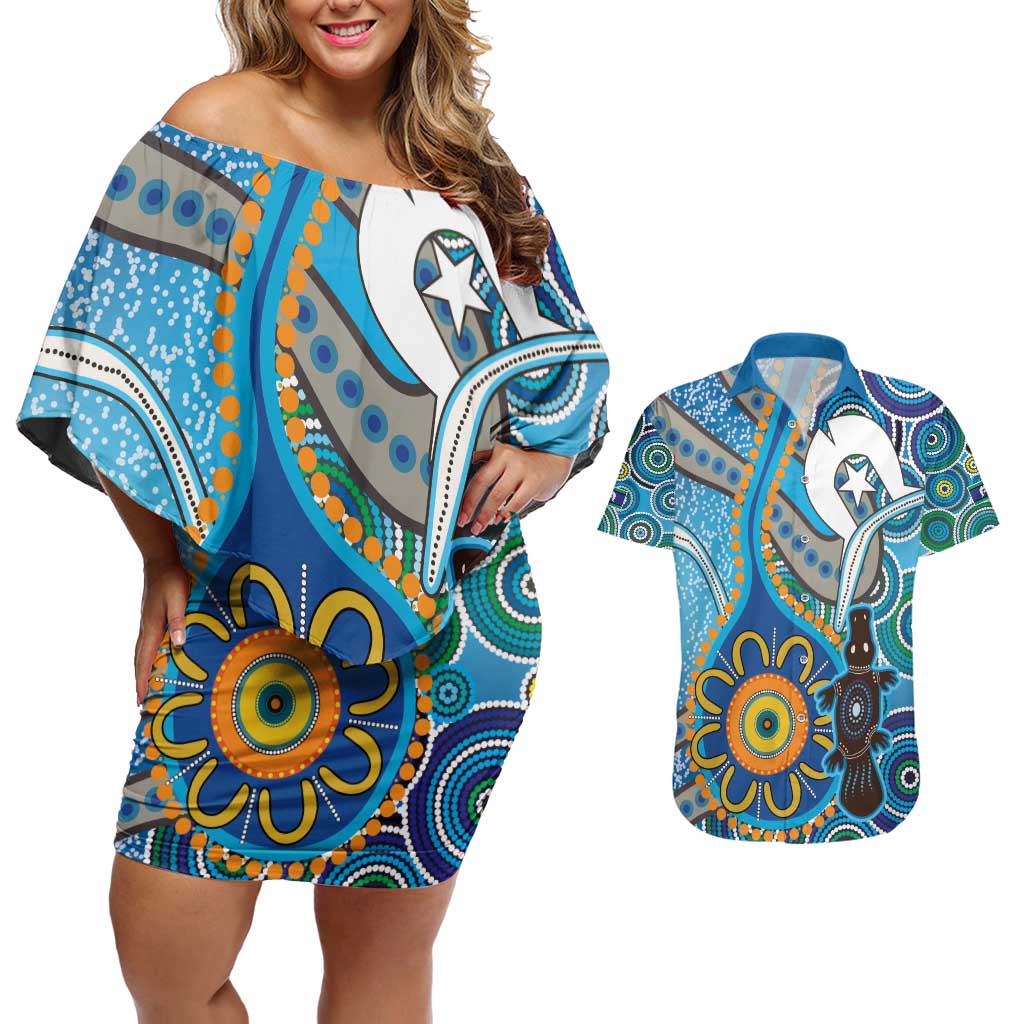 Personalised Aboriginal Platypus Couples Matching Off Shoulder Short Dress and Hawaiian Shirt Torres Strait Islander Dhari Indigenous Dot Art