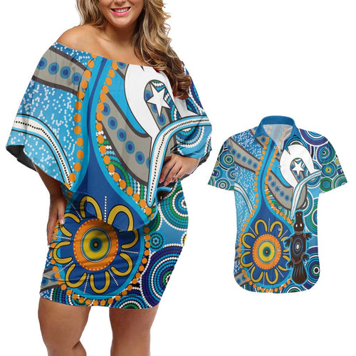 Personalised Aboriginal Platypus Couples Matching Off Shoulder Short Dress and Hawaiian Shirt Torres Strait Islander Dhari Indigenous Dot Art