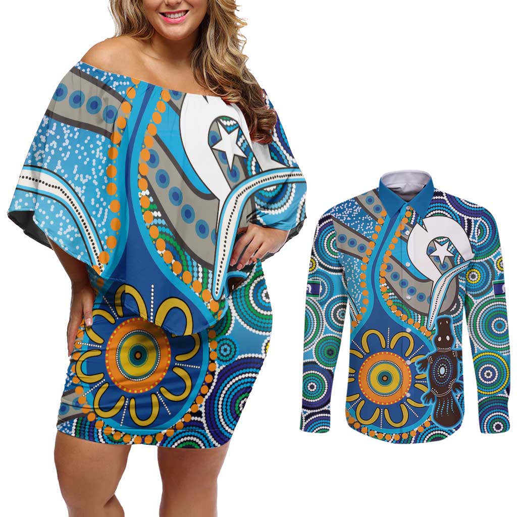 Personalised Aboriginal Platypus Couples Matching Off Shoulder Short Dress and Long Sleeve Button Shirt Torres Strait Islander Dhari Indigenous Dot Art