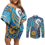 Personalised Aboriginal Platypus Couples Matching Off Shoulder Short Dress and Long Sleeve Button Shirt Torres Strait Islander Dhari Indigenous Dot Art
