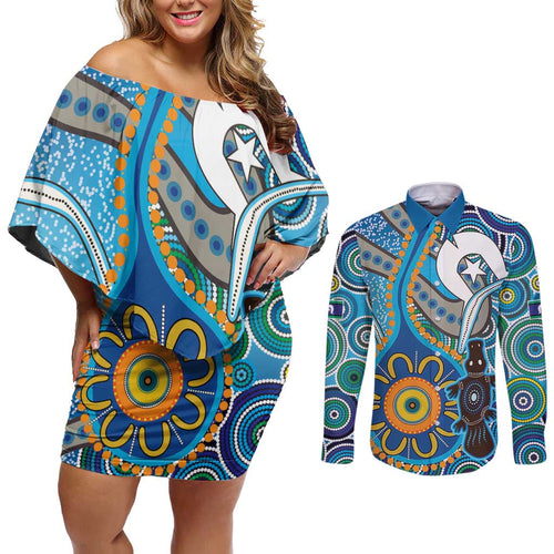 Personalised Aboriginal Platypus Couples Matching Off Shoulder Short Dress and Long Sleeve Button Shirt Torres Strait Islander Dhari Indigenous Dot Art