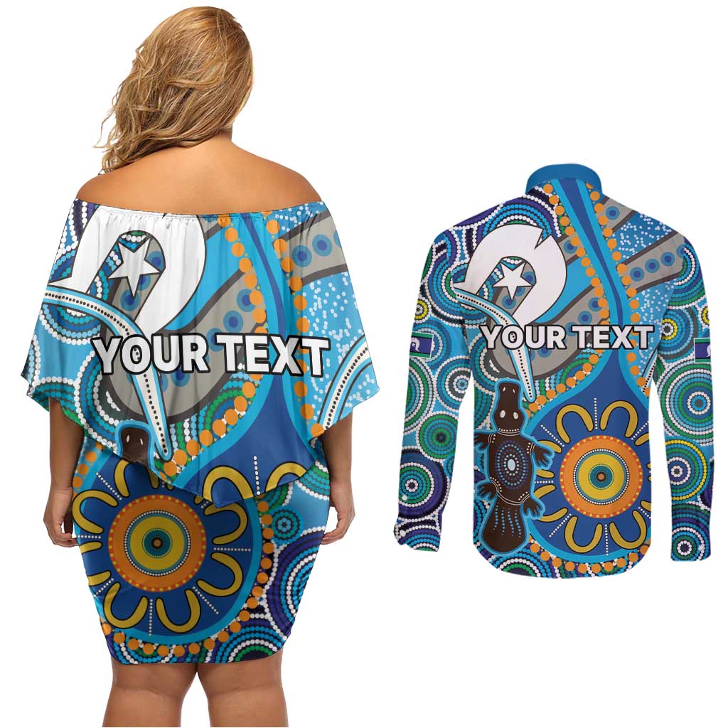 Personalised Aboriginal Platypus Couples Matching Off Shoulder Short Dress and Long Sleeve Button Shirt Torres Strait Islander Dhari Indigenous Dot Art