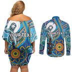 Personalised Aboriginal Platypus Couples Matching Off Shoulder Short Dress and Long Sleeve Button Shirt Torres Strait Islander Dhari Indigenous Dot Art
