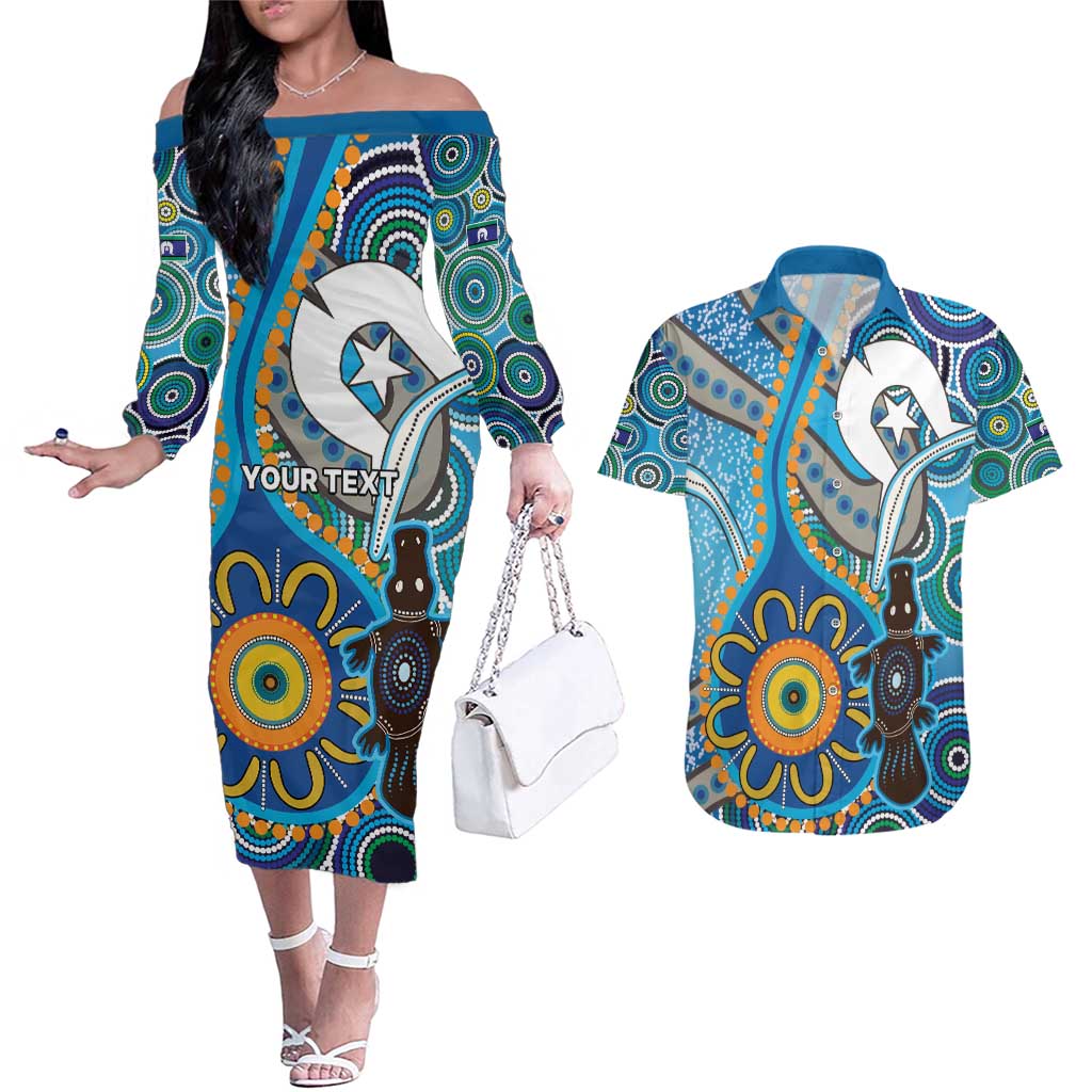 Personalised Aboriginal Platypus Couples Matching Off The Shoulder Long Sleeve Dress and Hawaiian Shirt Torres Strait Islander Dhari Indigenous Dot Art