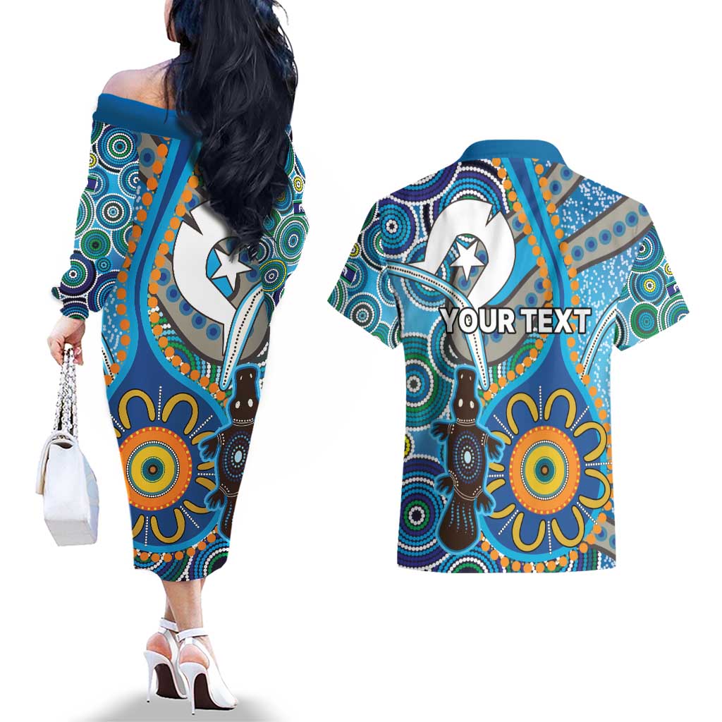 Personalised Aboriginal Platypus Couples Matching Off The Shoulder Long Sleeve Dress and Hawaiian Shirt Torres Strait Islander Dhari Indigenous Dot Art